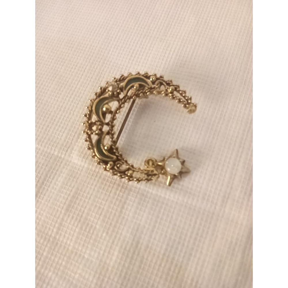 Vintage Gold Tone Florenza Pin Rhinestone Moon